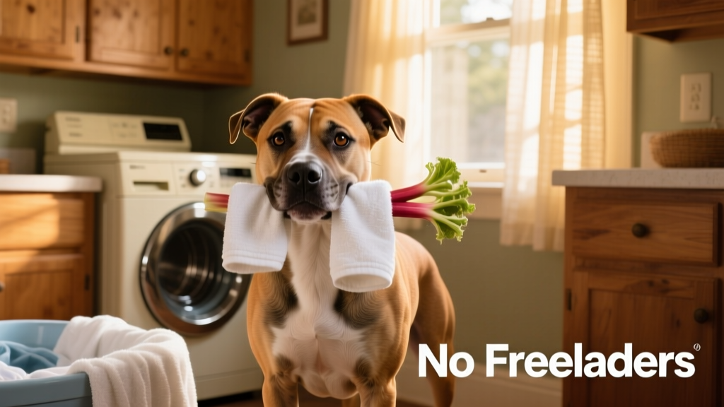 Rhubarb the Pit Bull gently carrying a folded towel in her mouth during laundry time