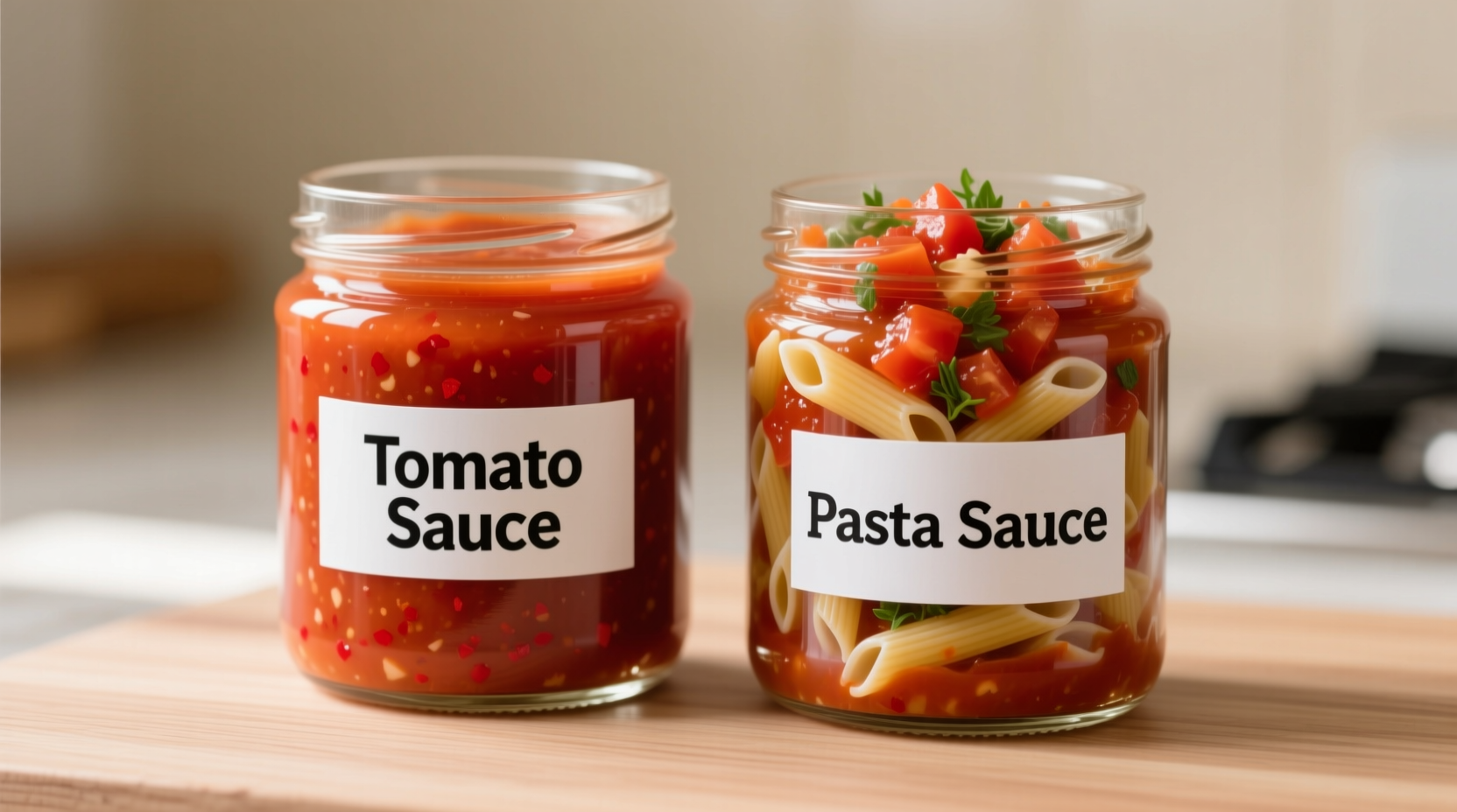 Tomato sauce and pasta sauce side by side in clear containers