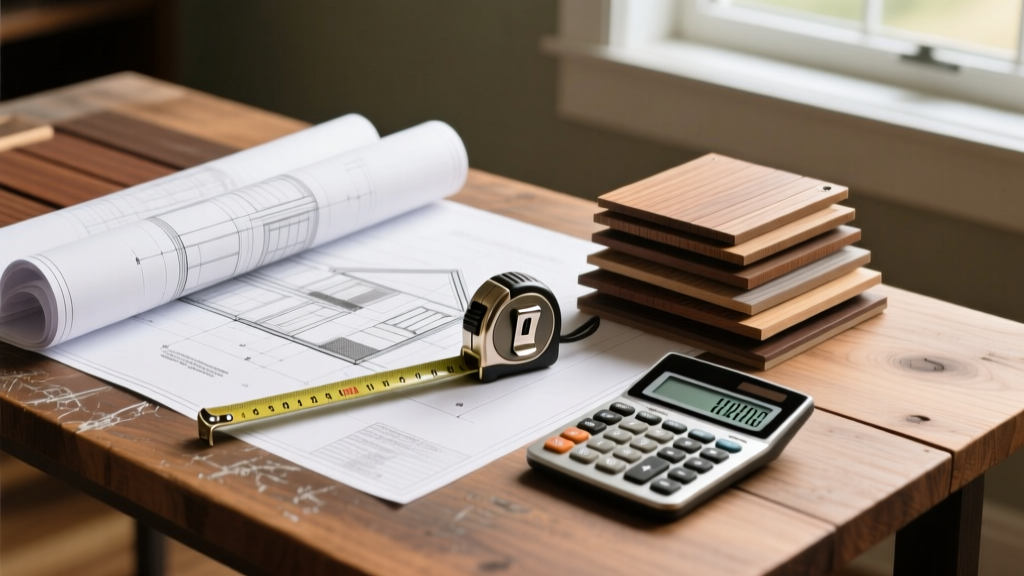 Architectural blueprints spread on a weathered cedar table next to a tape measure, calculator, and stacked samples of composite decking boards