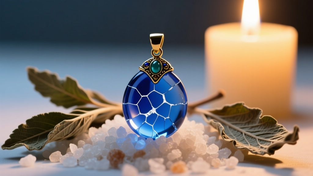 Cracked blue glass Nazar amulet pendant resting on coarse sea salt and dried sage leaves, illuminated by warm candle light