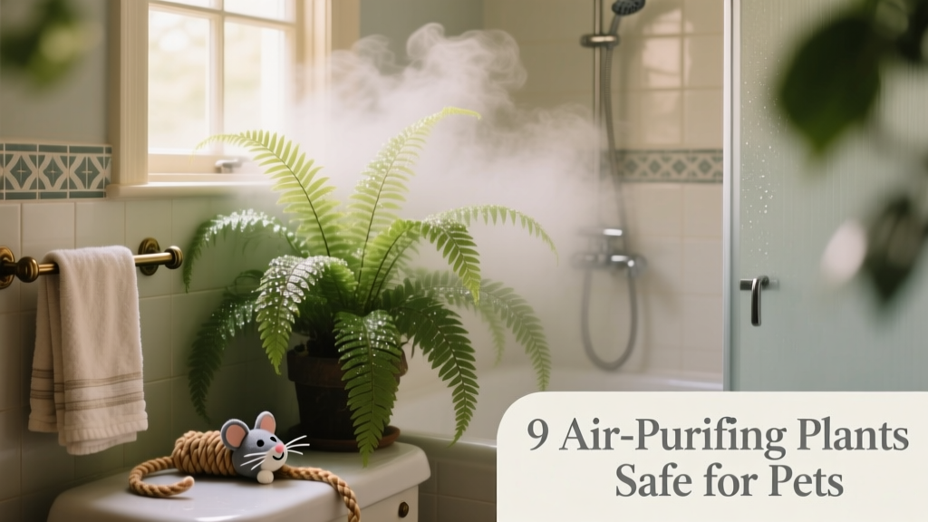 Boston fern in a misty bathroom corner beside a towel rack and cat toy