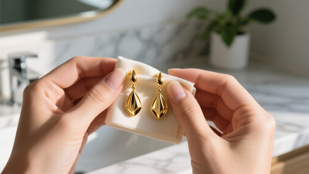 Hands cleaning 14k gold vermeil drop earrings with a microfiber cloth, showing proper care routines for inexpensive gold pieces.