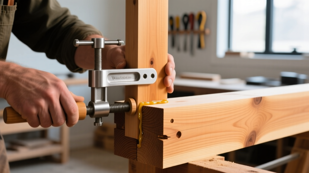 Close-up of a craftsman aligning a mortise and tenon joint in structural Douglas fir timber using a specialized clamping jig and wood glue.