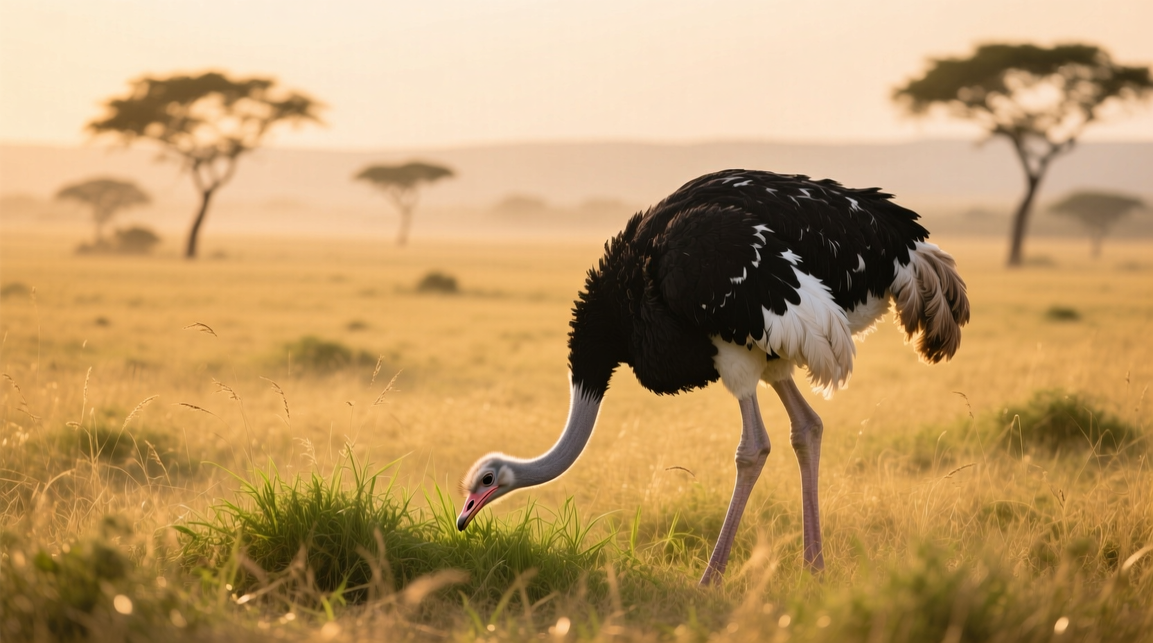 Ostrich feeding on grasses in African savanna