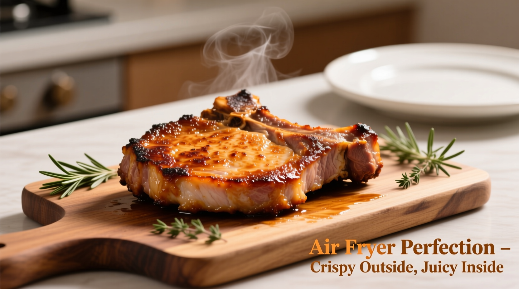 Perfectly cooked air fryer pork chop with golden crust