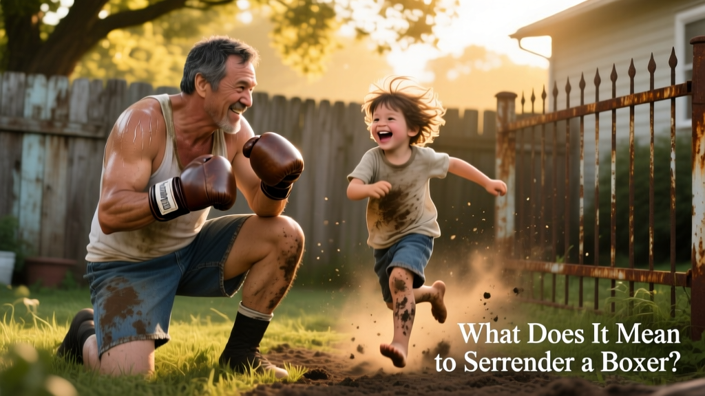 A boxer playing joyfully in a fenced backyard with a child running alongside