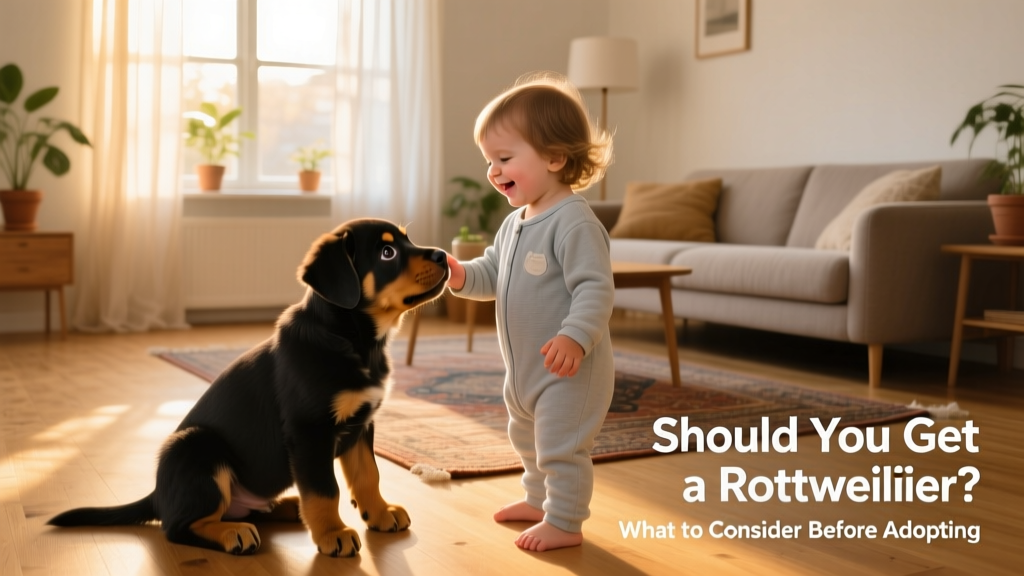 A Rottweiler puppy playing gently with a young child in a sunlit living room