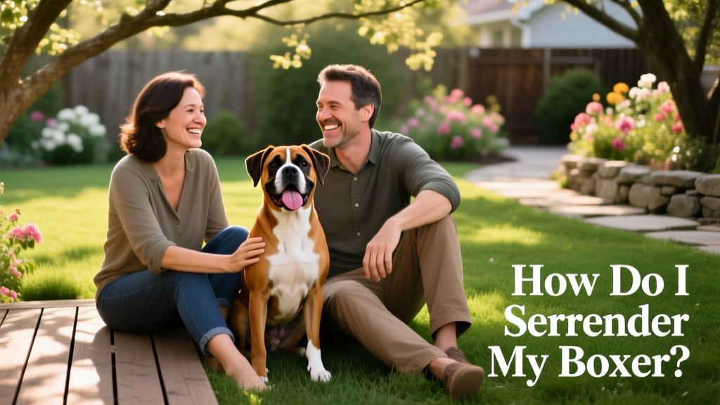 Two people smiling as they sit together with a happy, relaxed Boxer between them on a grassy backyard patio