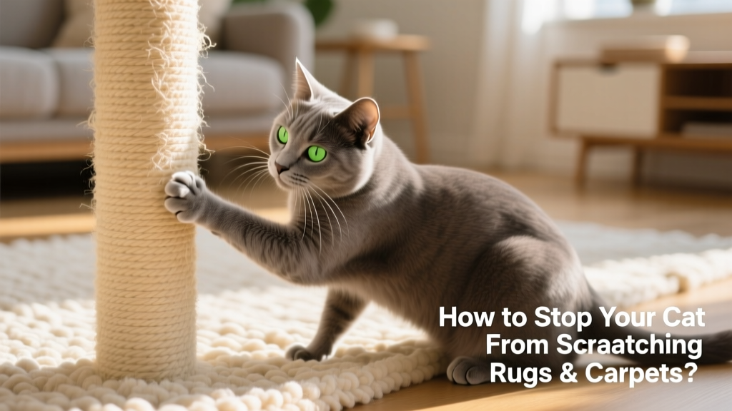 Close-up of a cat gently scratching a sturdy sisal post beside a plush rug