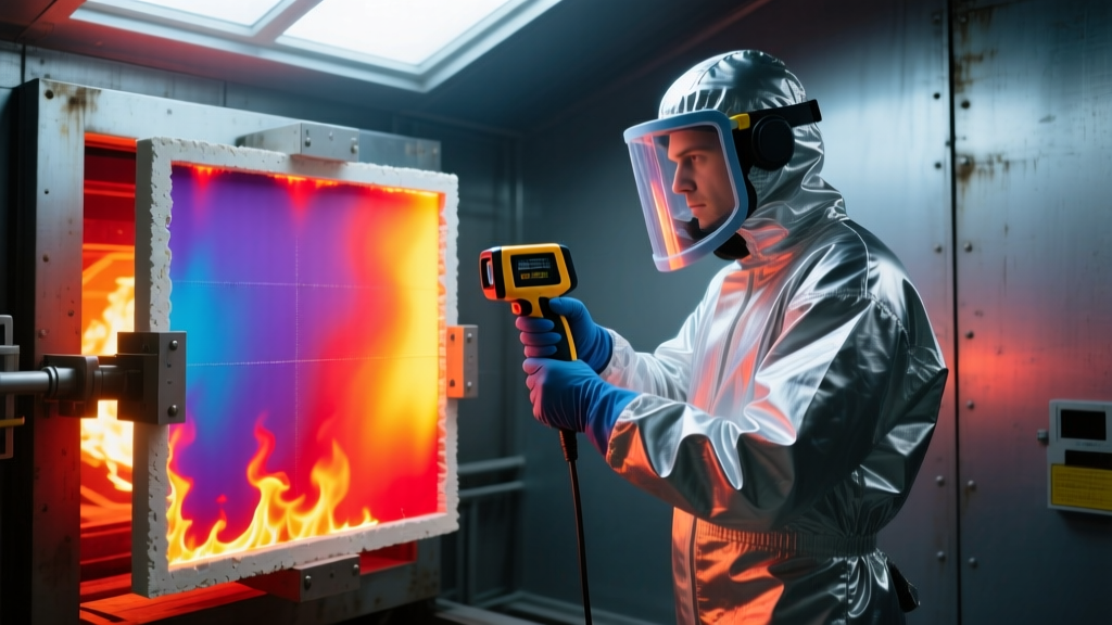 Technician in protective gear using a thermal camera to inspect a fire-resistant gypsum board assembly inside a testing furnace