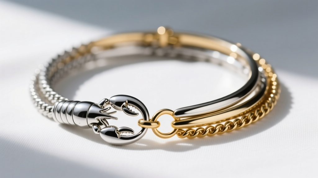Detail view of a mixed-metal necklace stack showing a silver lobster clasp and gold spring ring clasp resting on white linen