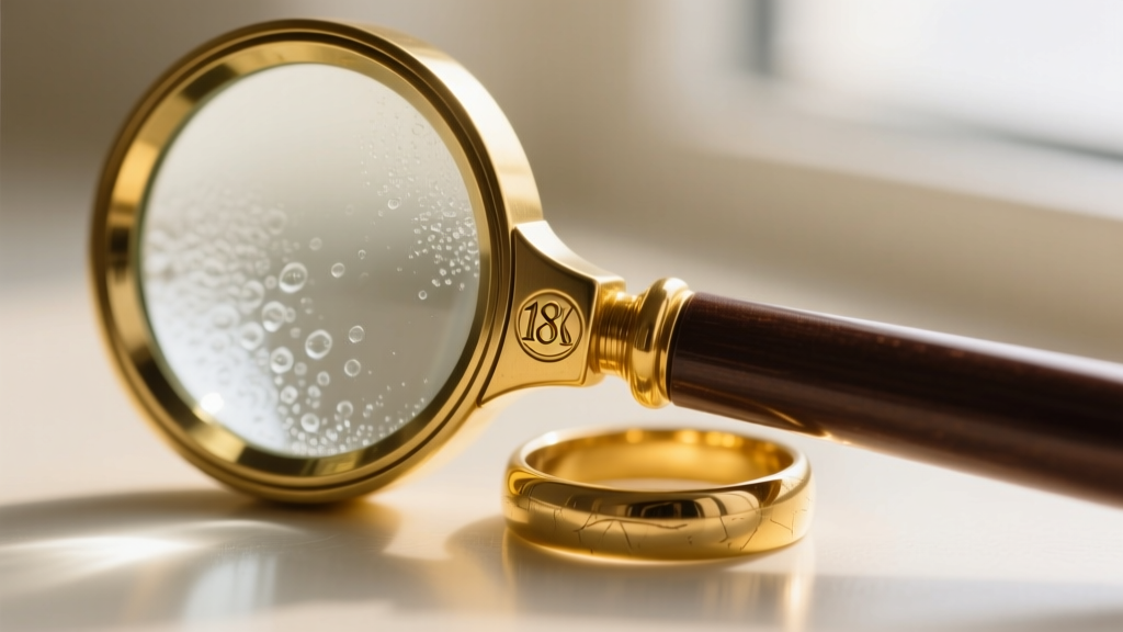 Close-up macro photograph of a magnifying loupe inspecting a stamped 18K hallmark on the inside shank of a yellow gold ring band