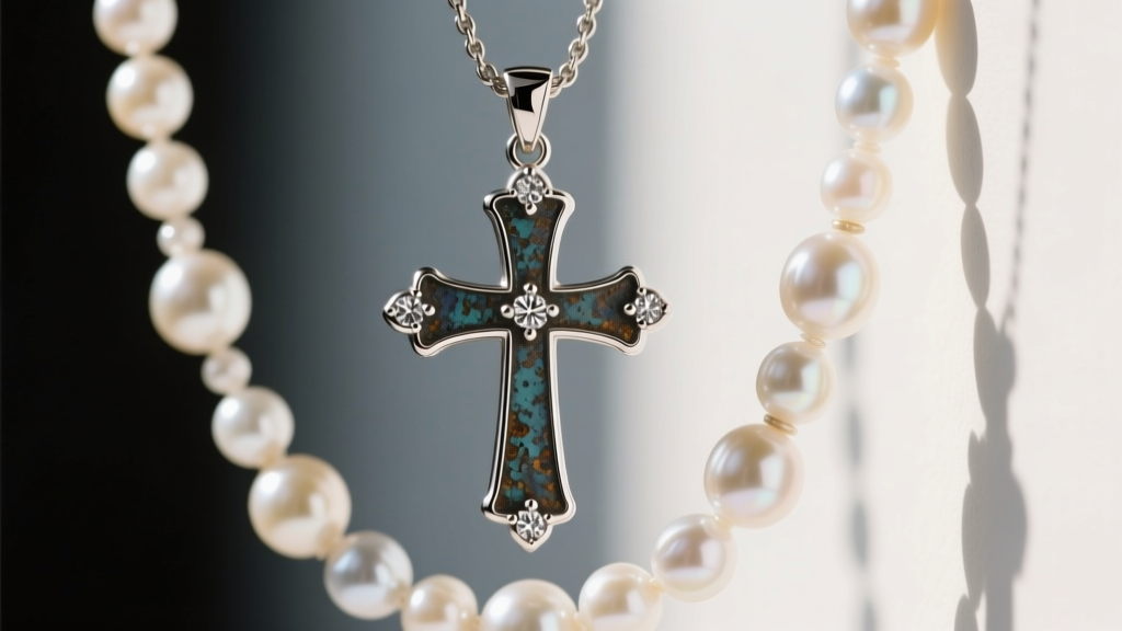 Macro shot of an oxidized sterling silver cross pendant with diamond accents hanging from a graduated freshwater pearl strand