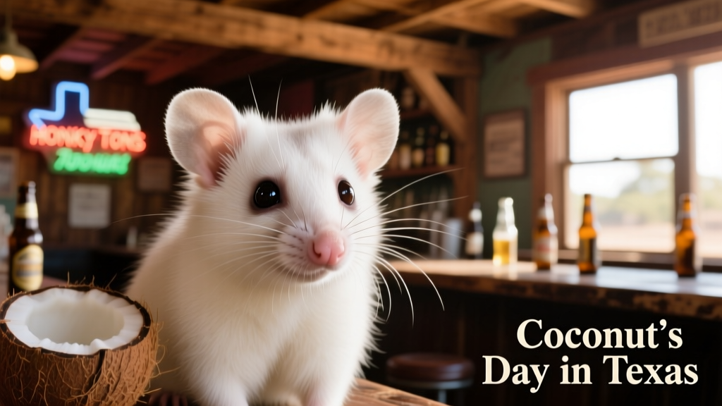 Close-up of Coconut’s expressive face and snowy white fur, highlighting his gentle gaze and delicate whiskers