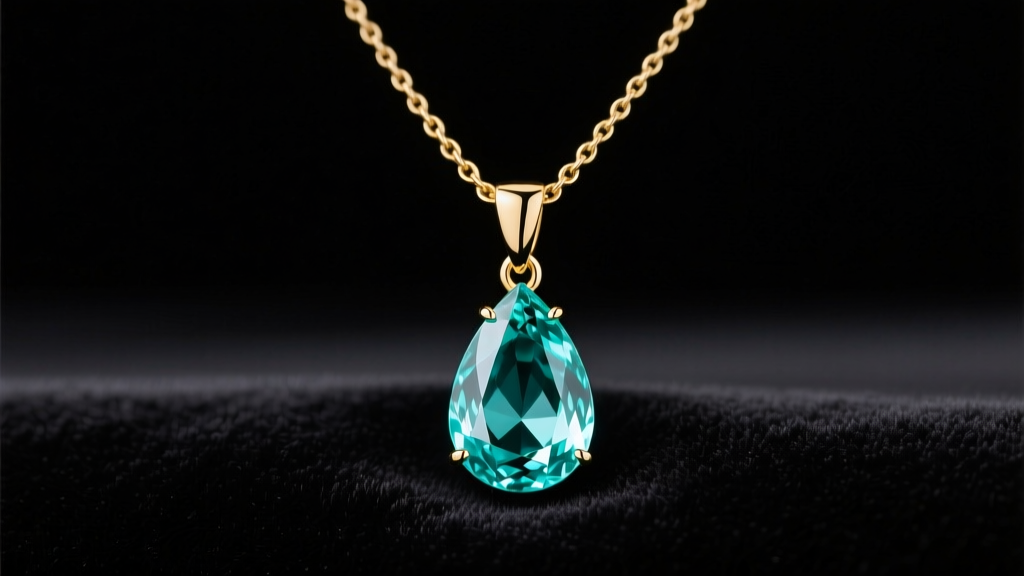 Macro shot of a gold necklace with aquamarine teardrop droplets resting on dark velvet under soft studio lighting.
