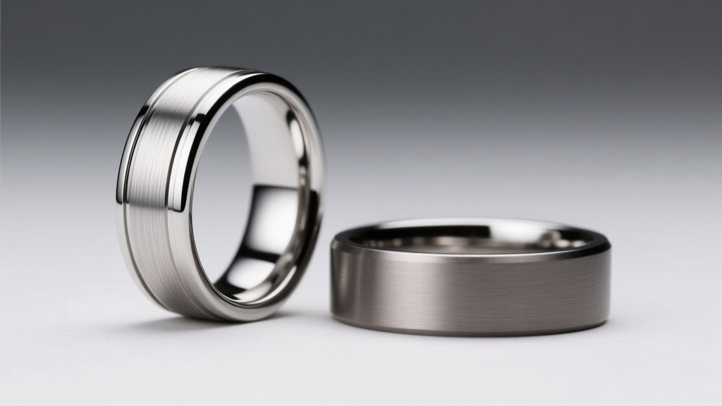 Close-up of brushed 316L stainless steel jewelry beside a matte titanium ring, showing contrasting textures under soft light