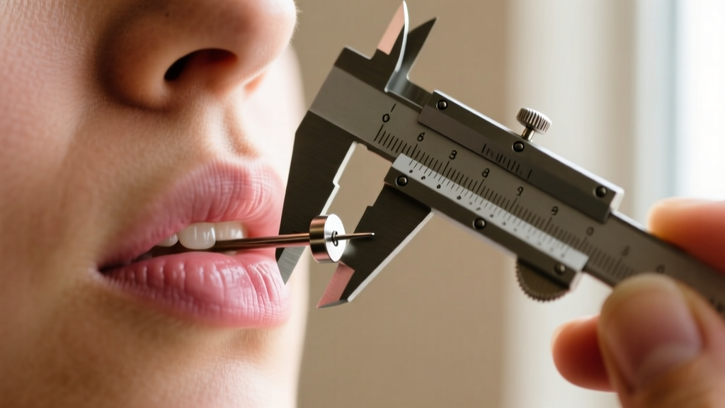 Piercer measuring a 6mm titanium flat back labret post to downsize a fully healed monroe piercing using sterile steel calipers.