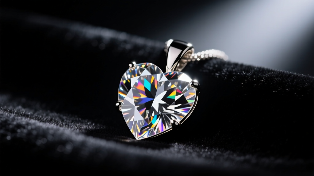 Close-up of a Hearts on Fire diamond pendant on dark velvet, illuminated by a spotlight to highlight its precise facet brilliance.