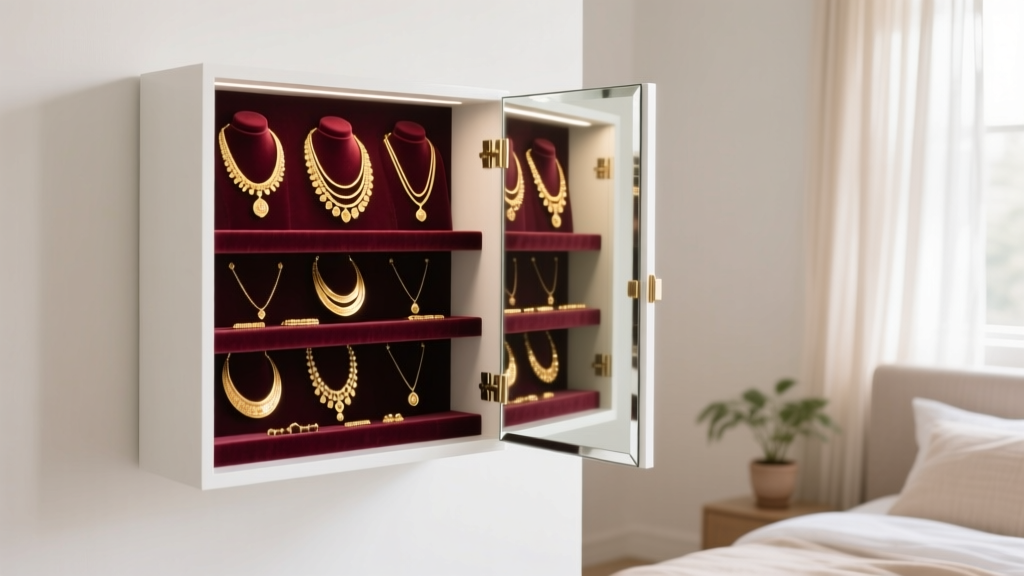 Sleek white wall-mounted mirror jewelry cabinet opened to reveal organized gold necklaces against soft velvet in a bright bedroom