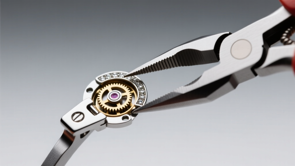 Macro photography of a jewelry hinge mechanism being carefully adjusted with precision nylon-jaw pliers under bright studio light