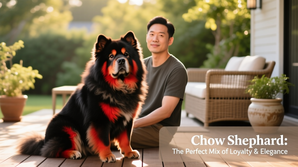 A well-groomed adult Chow Shepherd seated calmly beside its owner on a patio, showing off its plush coat and alert expression