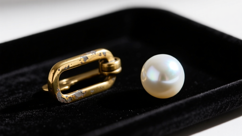 Close-up of a tarnished gold-plated brass necklace clasp next to a lustrous white freshwater pearl on a dark velvet tray.