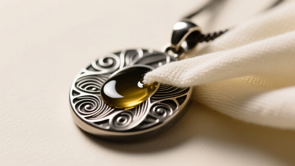 Macro shot of a carbon steel Ogun pendant being gently wiped with a microfiber cloth and mineral oil to prevent rust formation.