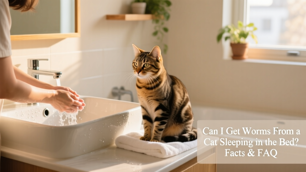A person gently washing their hands at a sink while a healthy cat sits nearby on a clean towel