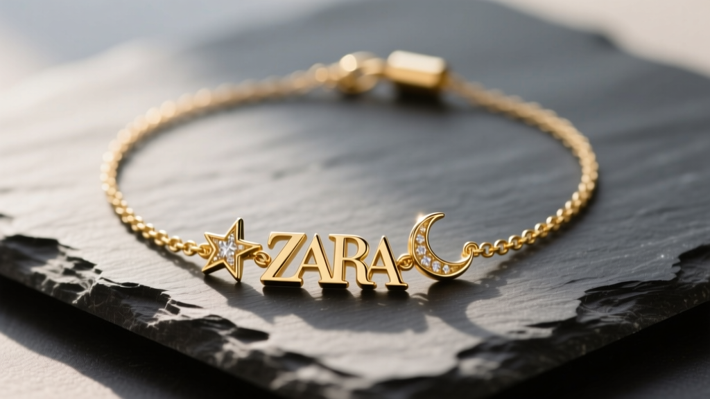Close-up of a gold-plated Zara charm necklace on dark slate, soft morning light highlighting tiny star and moon charms.