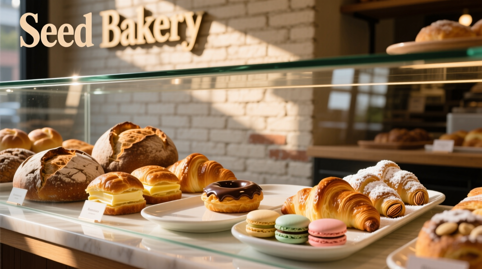 Seed Bakery's display case with artisan breads and pastries