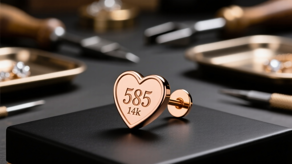 Loupe magnifying 585 stamp on back of solid 14k rose gold heart earring post, set against a blurred jewelry workshop backdrop