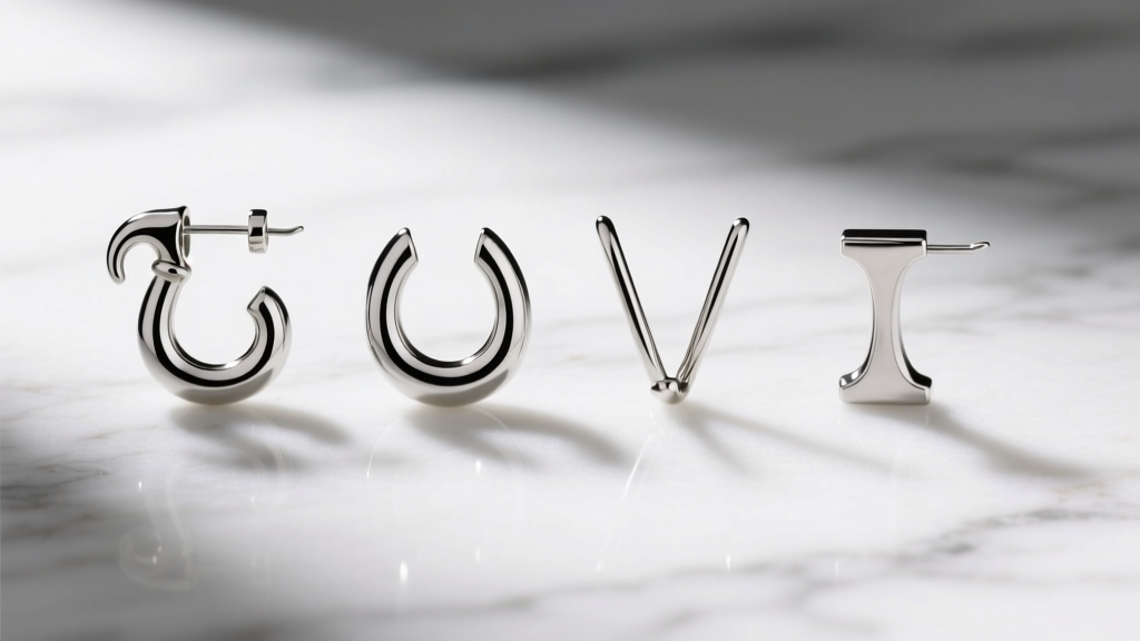 Macro shot of four silver earring hooks: shepherd, kidney, V-wire and French styles, displayed neatly on a white marble surface