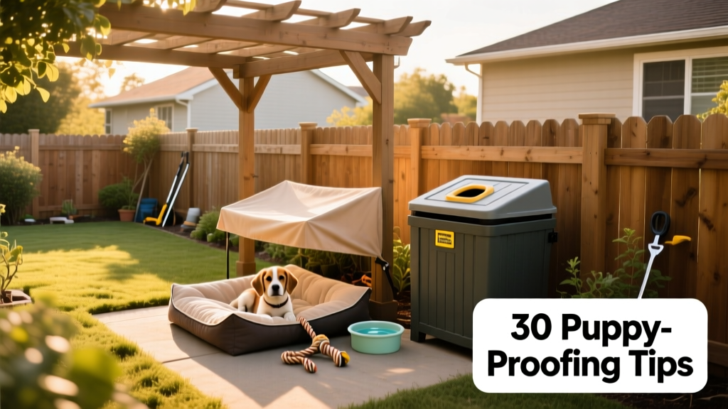 A backyard with a secure fence, shaded dog bed, covered compost bin, and no visible toxins or loose tools