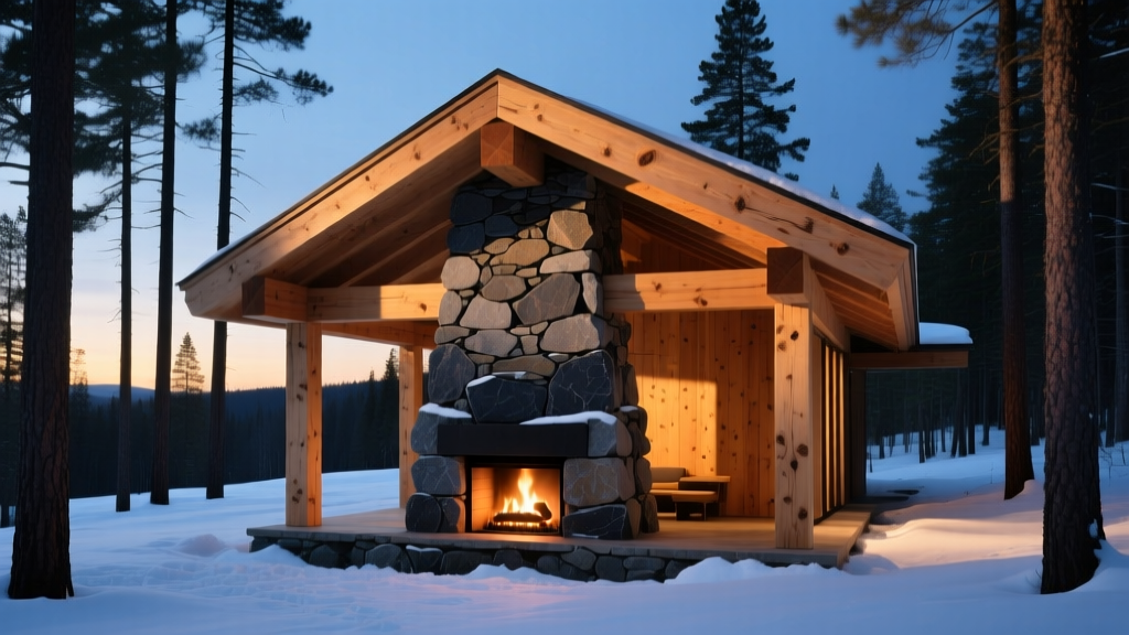 Rough-sawn Douglas fir timber frame interlocking with dry-stacked granite fireplace in a snowy forest clearing at dusk.