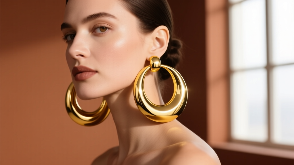 Woman wearing thick 14k yellow gold 50mm hoop earrings, highlighting reflective metal texture against a warm studio backdrop
