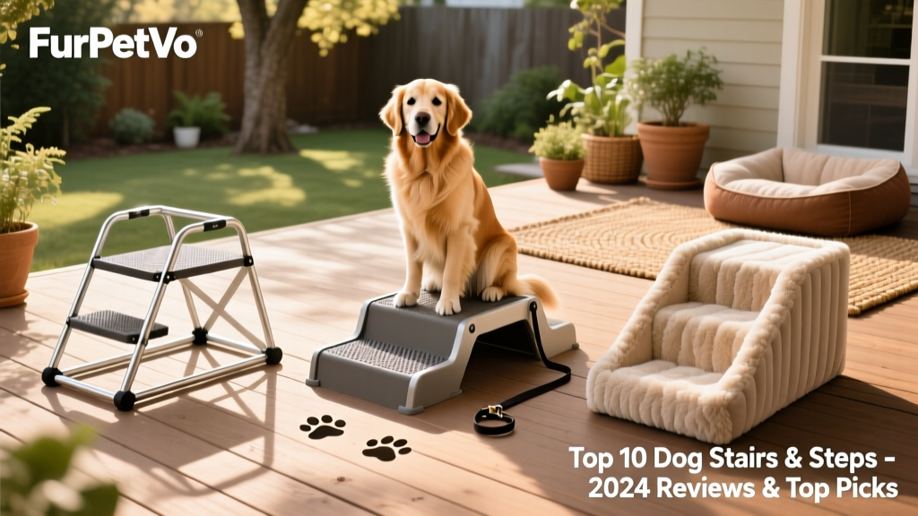 Side-by-side comparison of three FurPetVo stair models: compact foldable, wide-step, and plush-covered versions