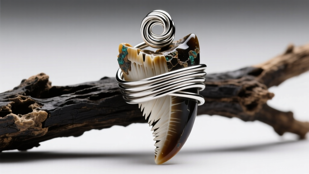 Close-up of 20-gauge sterling silver wire wrapping a fossil shark tooth root, showing a clean twisted bail loop at the very top.