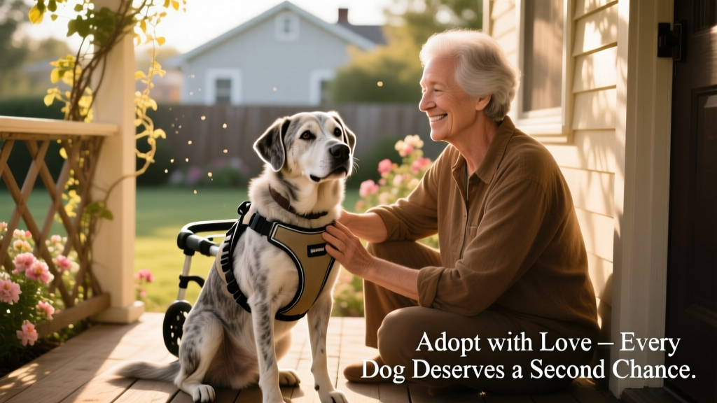 A gentle, smiling senior dog with a mobility harness sitting beside a caring adult on a sunlit porch