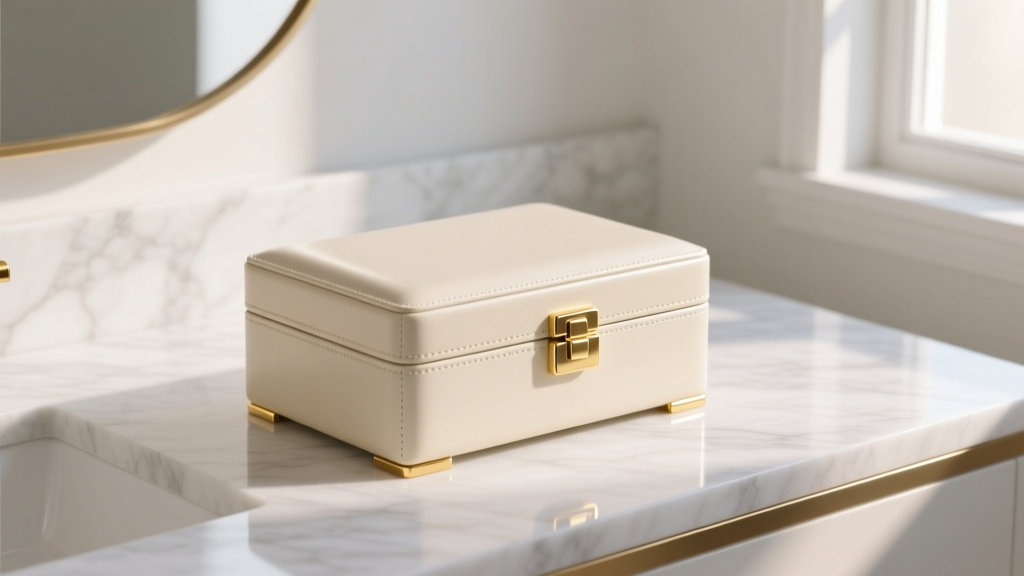 Minimalist cream polyurethane jewelry box with gold hardware on a white marble vanity, illuminated by soft morning light.