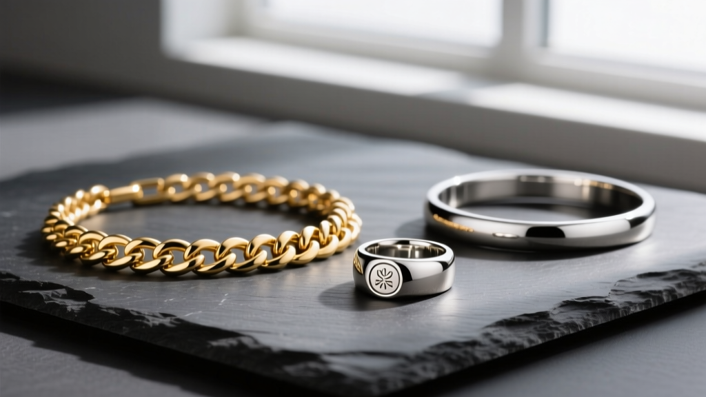 Minimalist mens jewelry flat lay with a 3mm 14k gold Cuban chain, brushed steel signet ring, and silver bracelet on dark slate