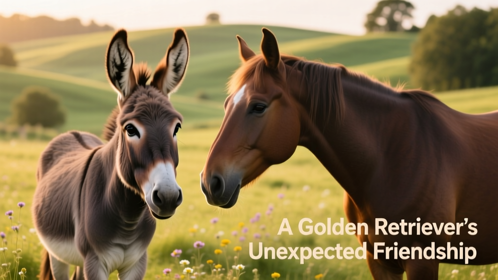 Side-by-side portrait of a curious donkey and a relaxed horse in a peaceful pasture, with soft focus on the background
