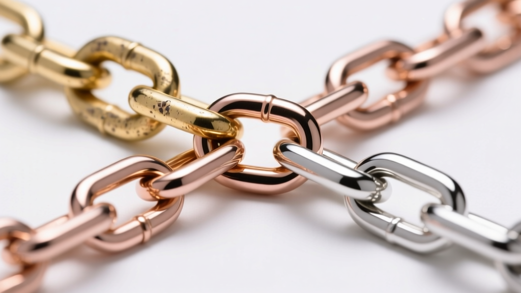 Macro shot of three chain links: faded gold vermeil, polished 14k rose gold, and bright platinum under bright studio lighting.