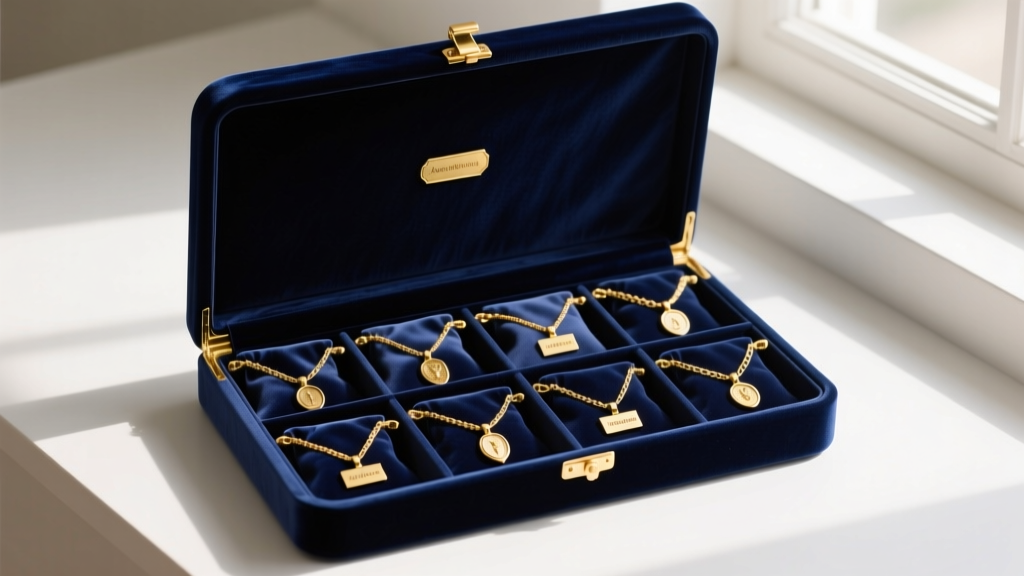 Velvet box with anti-tarnish pouches holding gold chains and name pendants safely stored in separate soft fabric compartments.