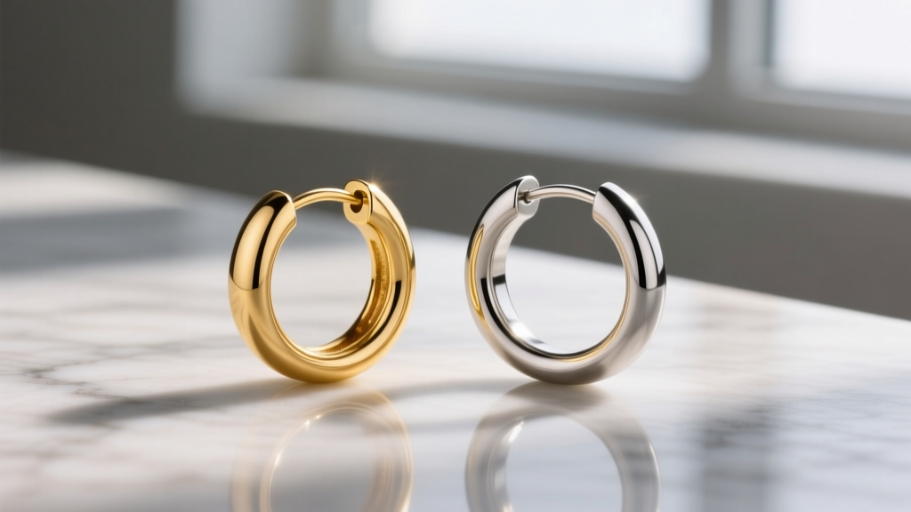 Digital scale weighing a large 25mm solid 18k gold hoop earring next to a lightweight titanium hoop of the exact same diameter.