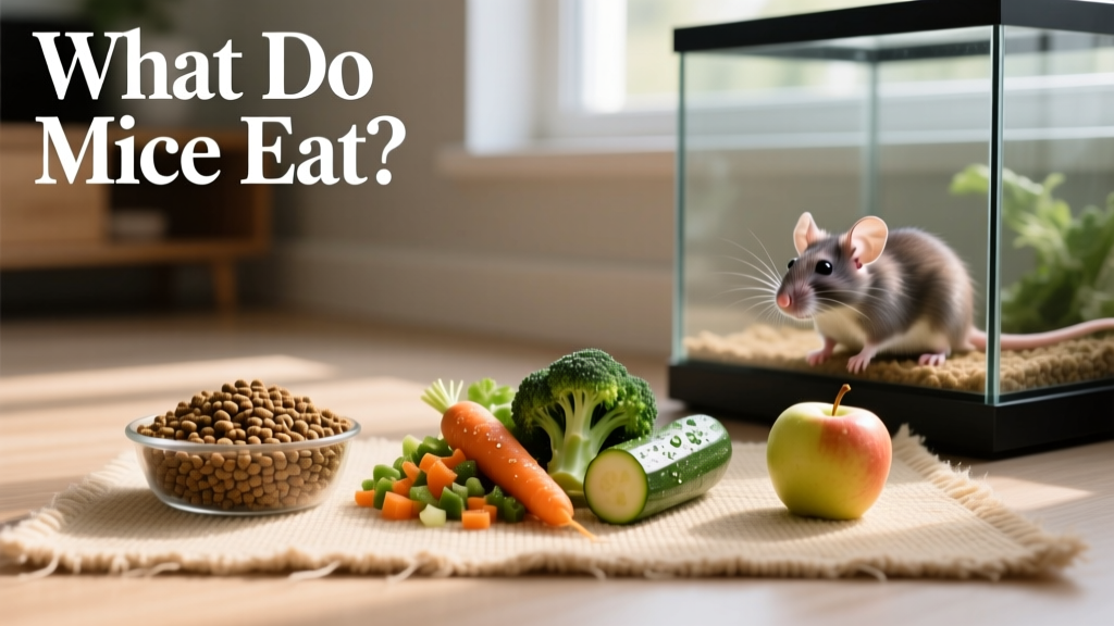 A side-by-side comparison of healthy mouse foods: pellets, chopped veggies, and a small fruit piece on a clean feeding mat