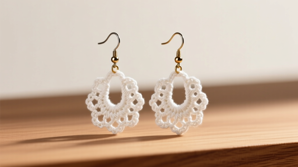 White mercerized cotton crochet dangle earrings on wood, beside a 1.5mm steel hook and brass ear wires in soft light.