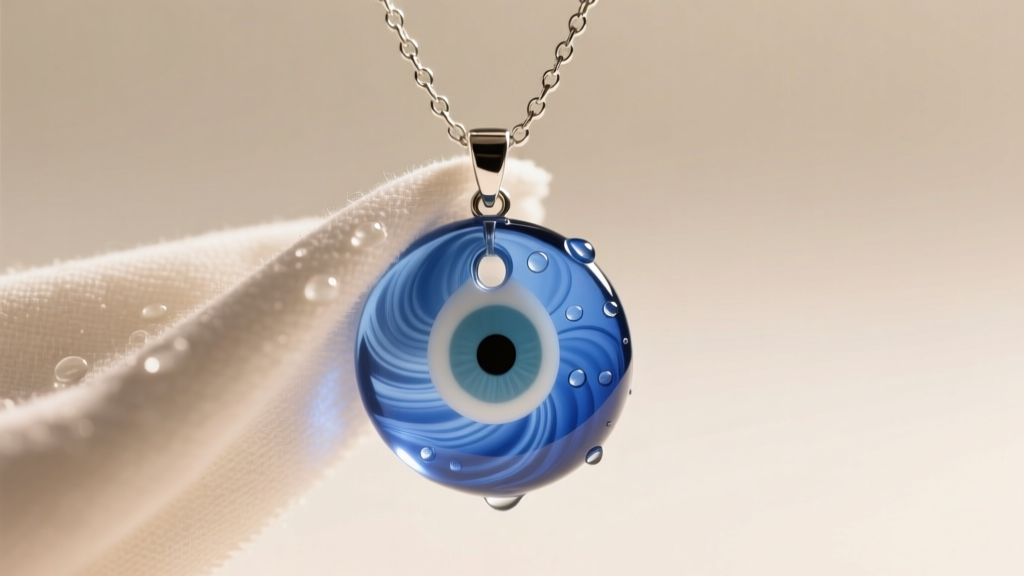 Macro shot of a blue glass evil eye pendant on a silver chain, gently wiped with a damp microfiber cloth under warm studio light