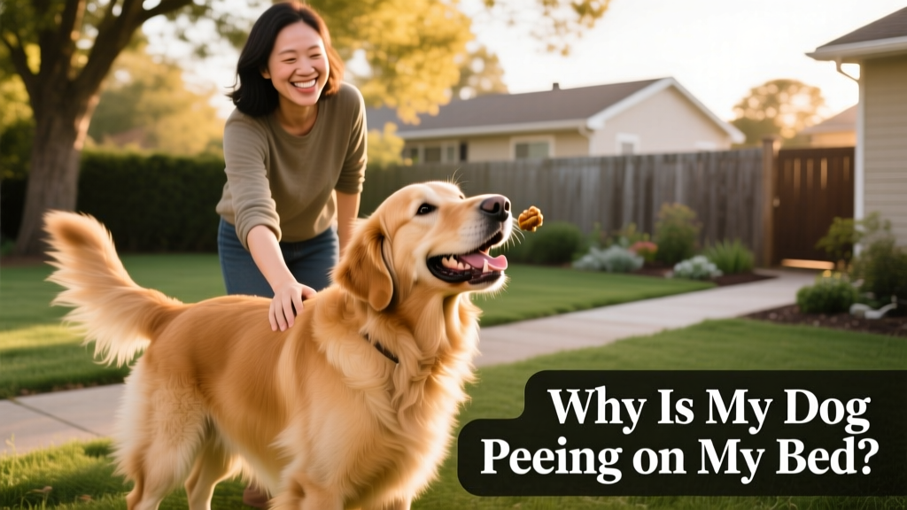 Happy dog receiving a treat after eliminating outside, with owner smiling nearby