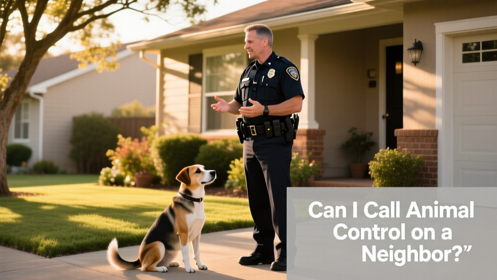 Animal control officer calmly speaking with a resident outside a home, with a friendly dog nearby