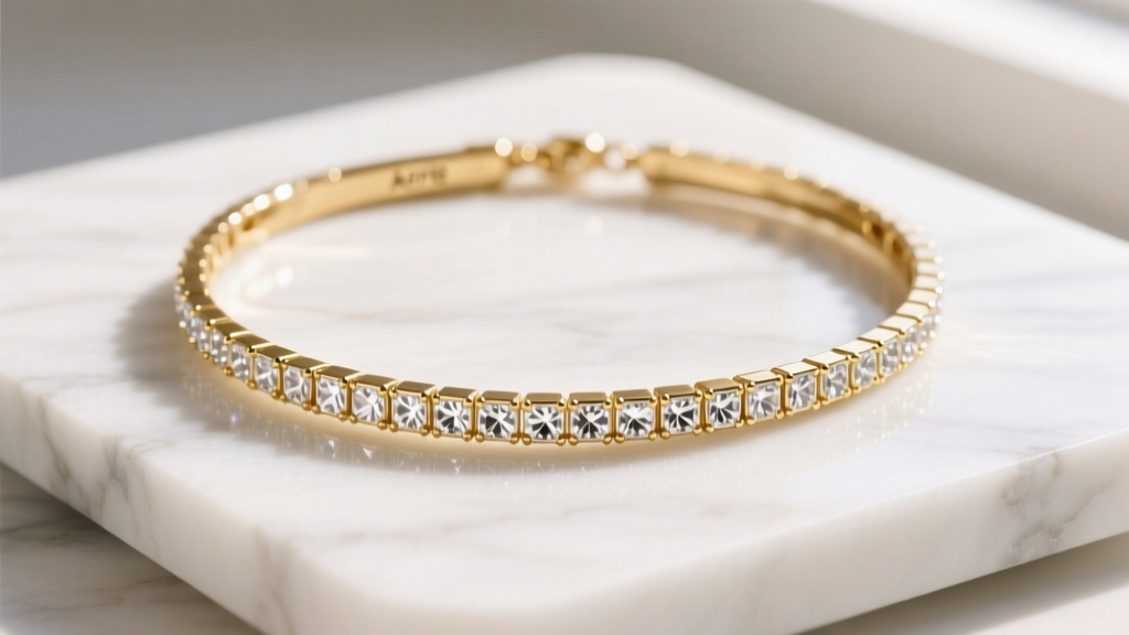 Gold-plated Aerie tennis necklace on white marble, showing tiny cubic zirconia stones catching soft, warm natural window light